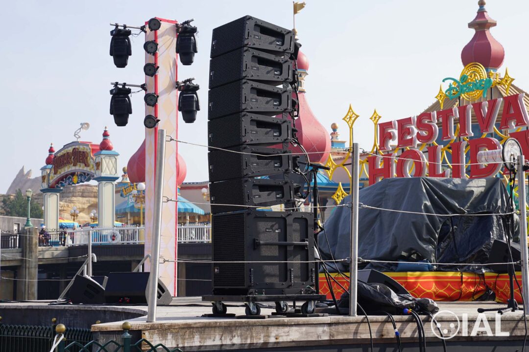 Pictured are Meyer Sound LINA line array elements and a 750-LFC subwoofer.